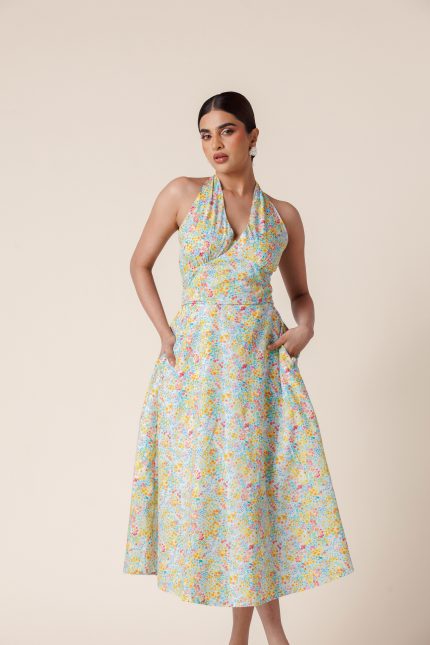 Backless Semi-Sheer Floral Print Midi Dress