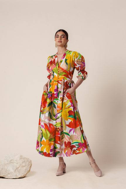 V-Neck Lantern Sleeve Floral Cotton Maxi Dress
