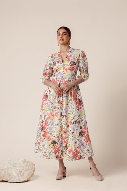 V-Neck Lantern Sleeve Soft Floral Cotton Maxi Dress