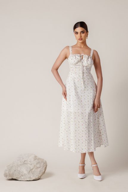 Fleur White Floral Cotton Midi Dress