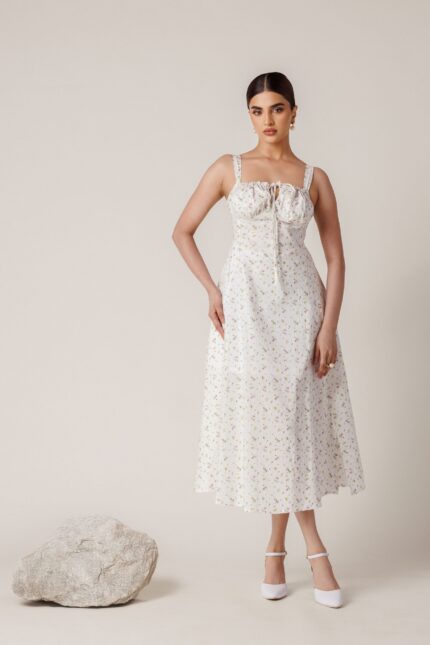 Fleur White Floral Cotton Midi Dress