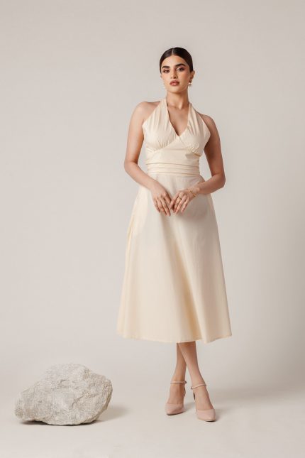 Backless Semi-Sheer Butter Beige Midi Dress