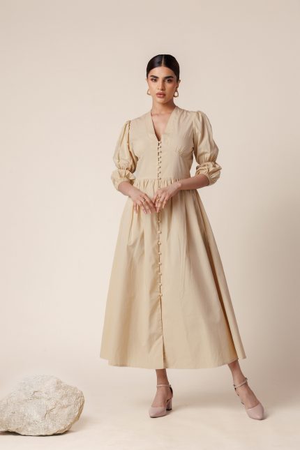 V-Neck Lantern Sleeve Golden Beige Maxi Dress
