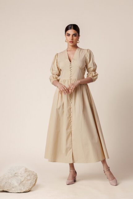 V-Neck Lantern Sleeve Golden Beige Maxi Dress