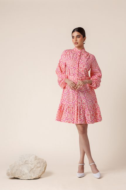 Pink Printed Balloon Sleeve Mini Dress