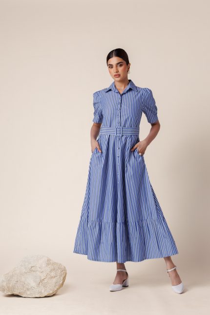 Elegant Blue-White Stripe Cotton Maxi Dress