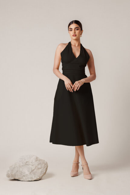 Backless Semi-Sheer Black Midi Dress