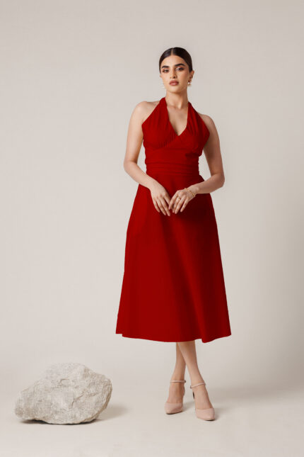 Backless Semi-Sheer Red Midi Dress
