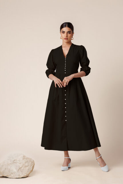 V-Neck Lantern Sleeve Black Maxi Dress