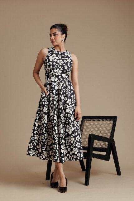 Black & White Floral Sleeveless Flared Midi Dress