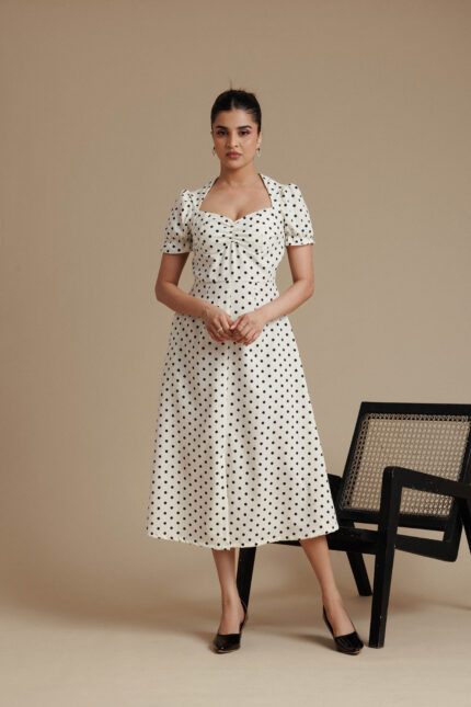 White Polka Dot Ruched sweetheart Flared Midi Dress