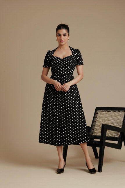 Black Polka Dot Ruched sweetheart Flared Midi Dress
