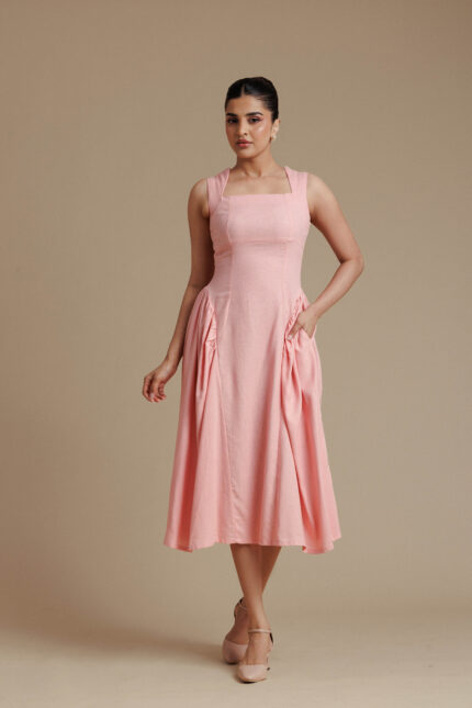 Soft Pink Puffed Midi Dress