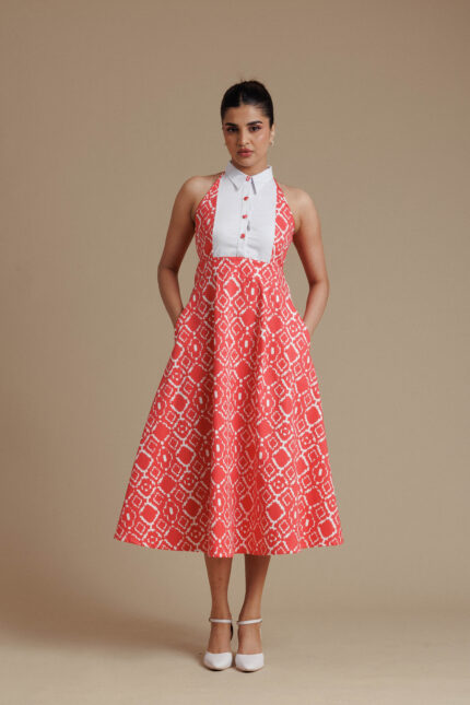 Red & White Ikat Collar Midi