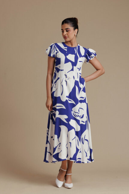 Blue & White Floral Puff Midi Dress