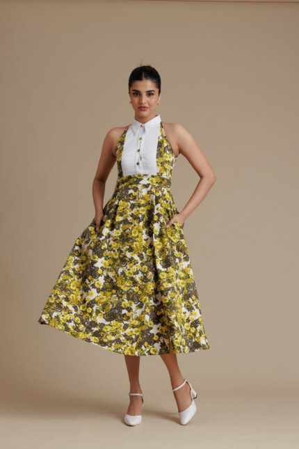 Golden Floral Ikat Collar Midi Dress