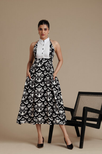 Printed Black & White Ikat Collar Midi Dress