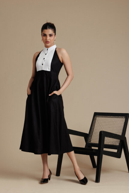 Black & White Ikat Collar Midi Dress