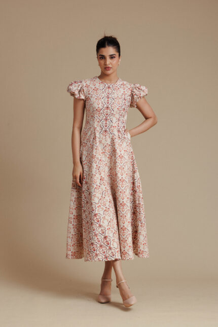 Beige & Red Floral Puff Midi Dress