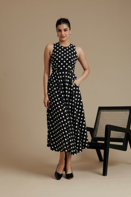 Black Polka Dot Sleeveless Flared Midi Dress