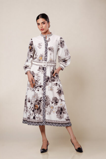 Monochrome Bloom Midi Dress
